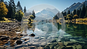 Tranquil scene mountain range, green meadow, reflecting in pond generated by AI