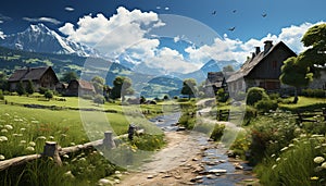 Tranquil scene mountain range, green meadow, rustic cottage, blue sky generated by AI