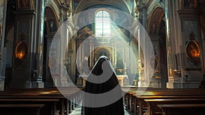 Tranquil scene nun in deep prayer, viewed from behind, inside a peaceful church setting