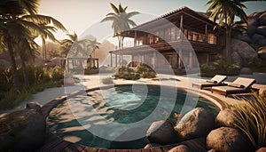 Tranquil scene palm tree, swimming pool, water, tropical climate generated by AI