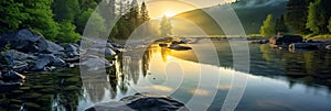 Tranquil scene of a panoramic landscape with sunset and sky over idyllic lake and river with reflection.