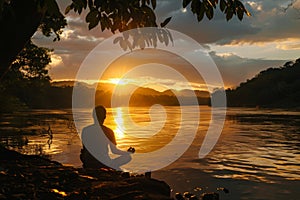 Tranquil scene of a person meditating beside a calm river at sunset, casting a serene silhouette