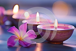 Tranquil scene pink frangipani flowers candles water during evening. Peace and meditation