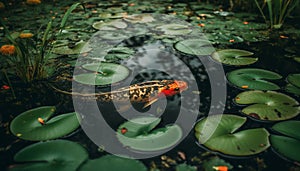Tranquil scene pond beauty in nature, green leaf, aquatic animals generated by AI