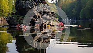 Tranquil scene reflection of autumn tree in pond water generated by AI