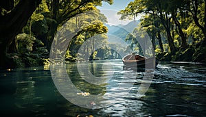 Tranquil scene rowboat glides on peaceful pond surrounded by nature generated by AI