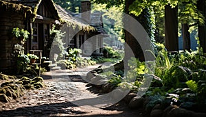 Tranquil scene of a rustic cottage in nature generated by AI