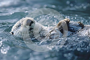 Tranquil scene a serene sea otter peacefully floating on its back in softly illuminated ocean waves