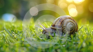 Tranquil scene of a snail peacefully lying upside down in the vibrant green grass