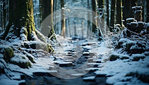 Tranquil scene snow covered footpath winds through frozen forest generated by AI