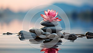 Tranquil scene of stone balance reflects nature harmony generated by AI