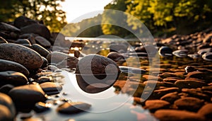 Tranquil scene stone, reflection, forest, water, sunset generated by AI