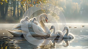 Tranquil scene of swan family with cygnets, in style of tim flach, influenced by vincent munier