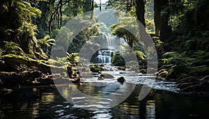 Tranquil scene tropical rainforest, flowing water, green foliage, rocky cliff generated by AI