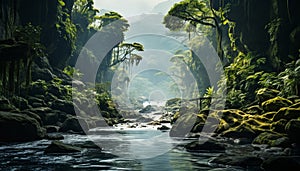 Tranquil scene tropical rainforest, flowing water, green trees, rocky cliff generated by AI