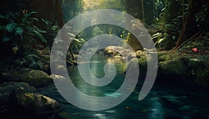 Tranquil scene of a tropical rainforest waterfall generated by AI