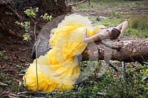 Repose in Nature: Woman in a Yellow Gown Resting on a Fallen Tree photo