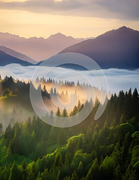 A tranquil scene unfolds with misty valleys photo