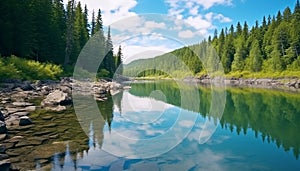 Tranquil scene of water reflecting majestic Rocky Mountains generated by AI