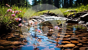 Tranquil scene water reflects tree green leaf in summer generated by AI