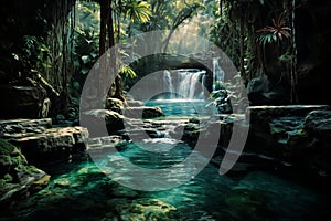 Tranquil scene of a waterfall flowing into a serene forest pond surrounded by lush foliage