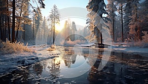Tranquil scene winter forest, frozen pond, tree reflection in water generated by AI
