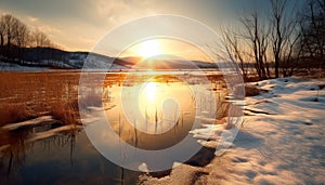 Tranquil scene of winter landscape, sunset reflects on frozen pond generated by AI