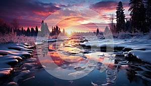 Tranquil scene winter sunset reflects on frozen mountain pond generated by AI