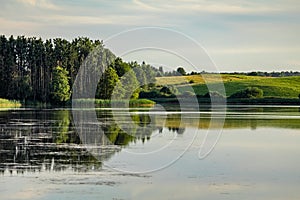 Tranquil scenery of lake, hills and forest