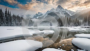 Tranquil scenery with snow castle in clouds. Mountain creek flows from forest hills into glacial lake