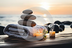 Tranquil sea stones balancing on wooden table with candle and towel spa and relaxation concept
