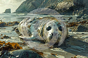 Tranquil Seal Resting on Sunny Seashore with Clear Sky and Coastal Landscape Background