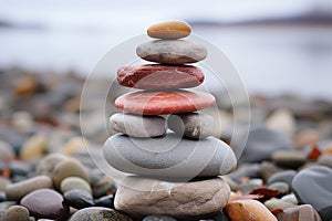 Tranquil seascape with artistic arrangement of stacked stones enhancing play of light and shadow
