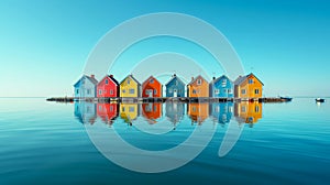 Tranquil seascape featuring a floating island of colourful houses reflected in the clam seas, with clear blue skies