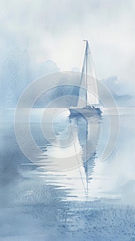 A tranquil seascape in soft watercolors, showing a sailing boat gliding peacefully on calm waters.AI Generate