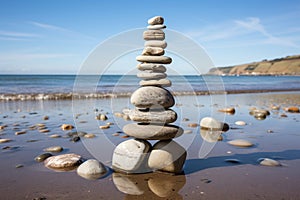 Tranquil seascape. three stacked stones on clear sky and sea background, calm ocean view
