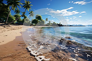 Tranquil seaside vista, golden sand, palm trees, glistening sea, clear blue skies