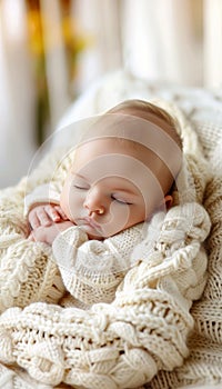 Tranquil and serene caucasian newborn peacefully sleeping in a pristine white crib