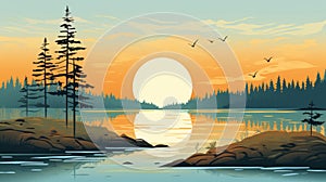 Tranquil and serene minimalistic summer sunrise illustration by the tranquil lake