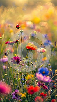 Tranquil and serene sunset meadow with vibrant wildflowers blooming in the warm golden hour natural light.