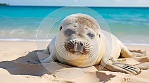 Tranquil Serenity: Adorable Baby Seal Resting on Pristine Beach