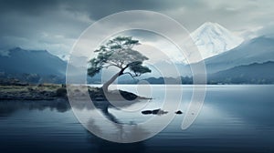 Tranquil Serenity: Atmospheric Island With Tree - Uhd Image photo