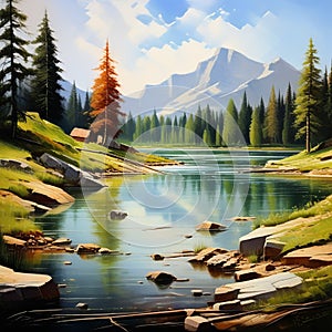 Tranquil Serenity: A Calming Landscape of Mountain Stream, Pine Trees, and Lake