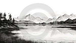 Tranquil Serenity: Detailed Black And White Digital Painting Of A Lake