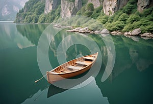 Tranquil Serenity: Wooden Boat in Calm Waters Amidst Towering Cliffs and Verdant Greenery photo