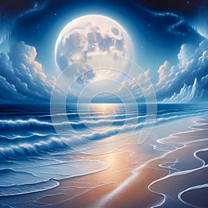 A tranquil setting on the beach with a full moon and a crescent moon visible in the night sky.