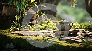 Tranquil setting featuring teapot amidst green moss and stones, suggesting peace and relaxation. Serene beauty of tea