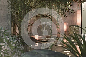 Zen Garden Room With Central Waterfall. Generative AI.