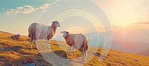 Tranquil sheep grazing in picturesque mountain pasture, embodying serene outdoor nature vibes