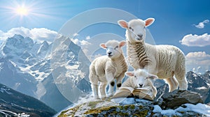 Tranquil sheep grazing in picturesque mountain terrain amidst serene outdoor ambiance